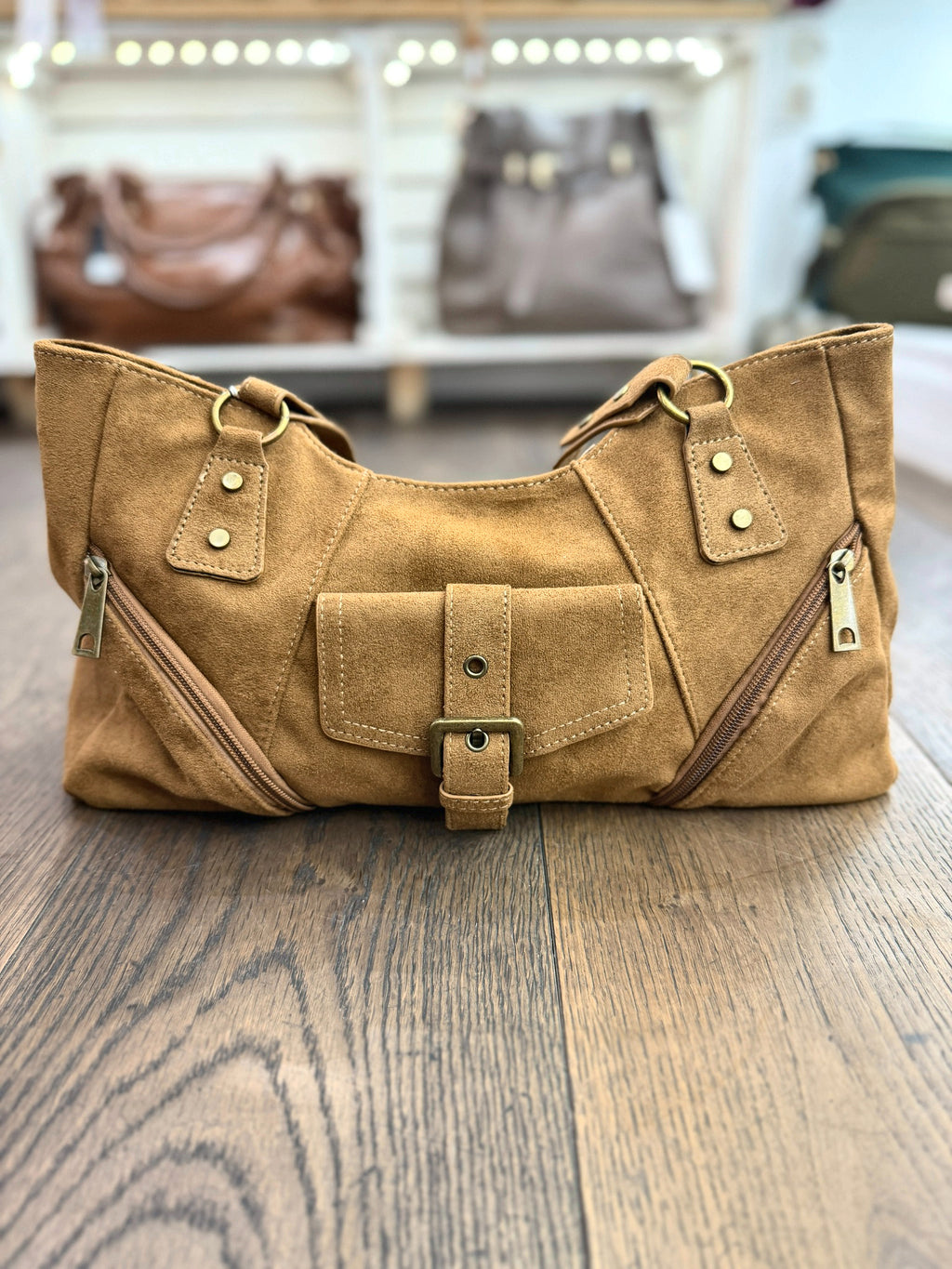 Sac à main femme en suédine marron ou noir à poches zippées