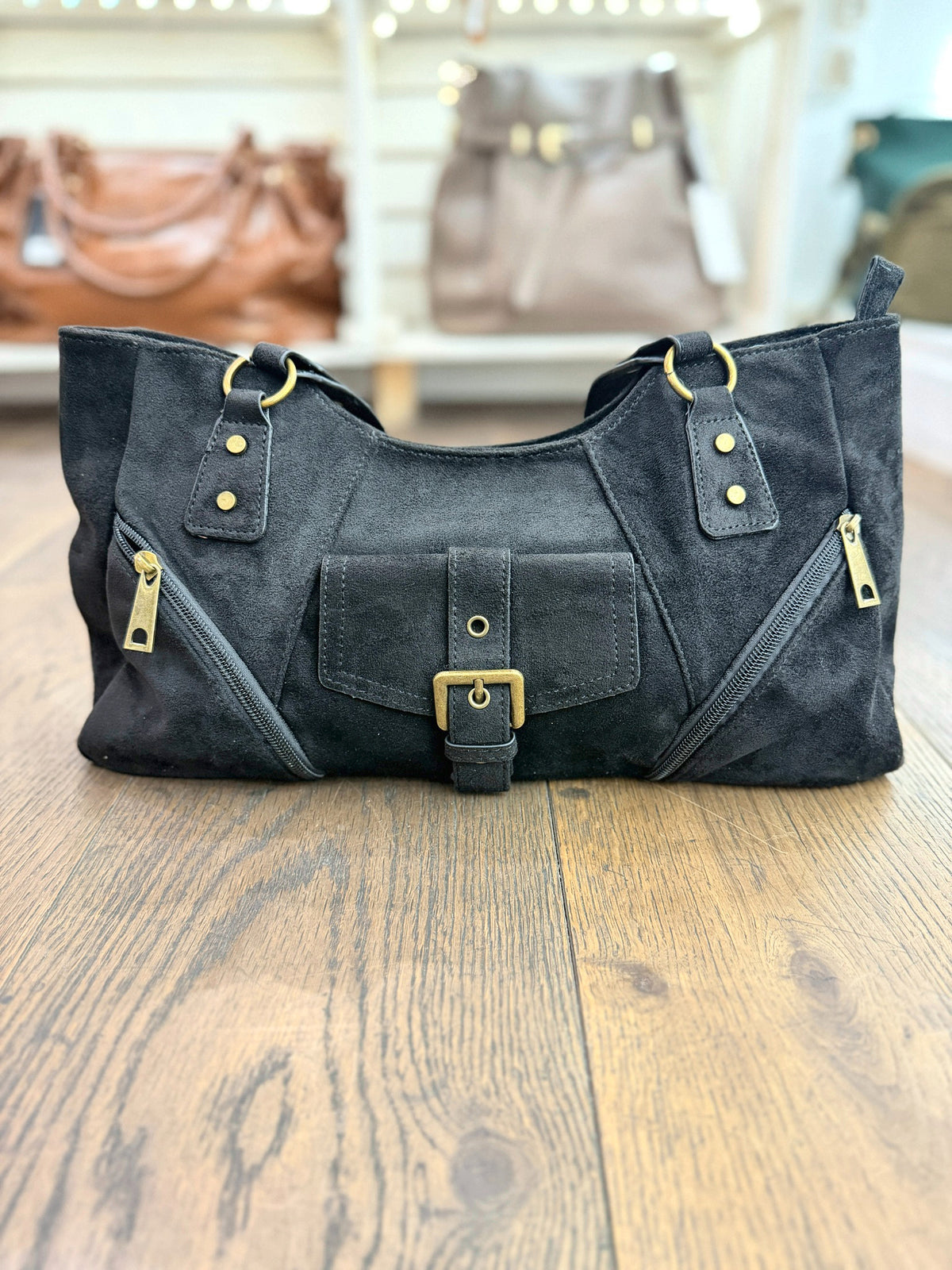 Sac à main femme en suédine marron ou noir à poches zippées
