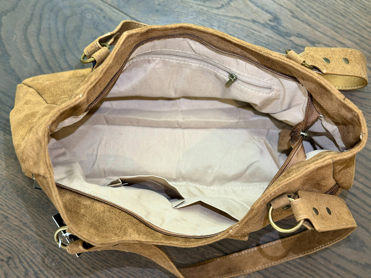 Sac à main femme en suédine marron ou noir à poches zippées
