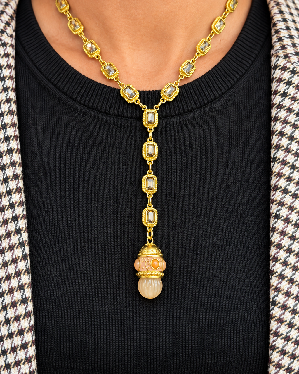 Collier Y doré avec cristaux et pendentif en pierre naturelle