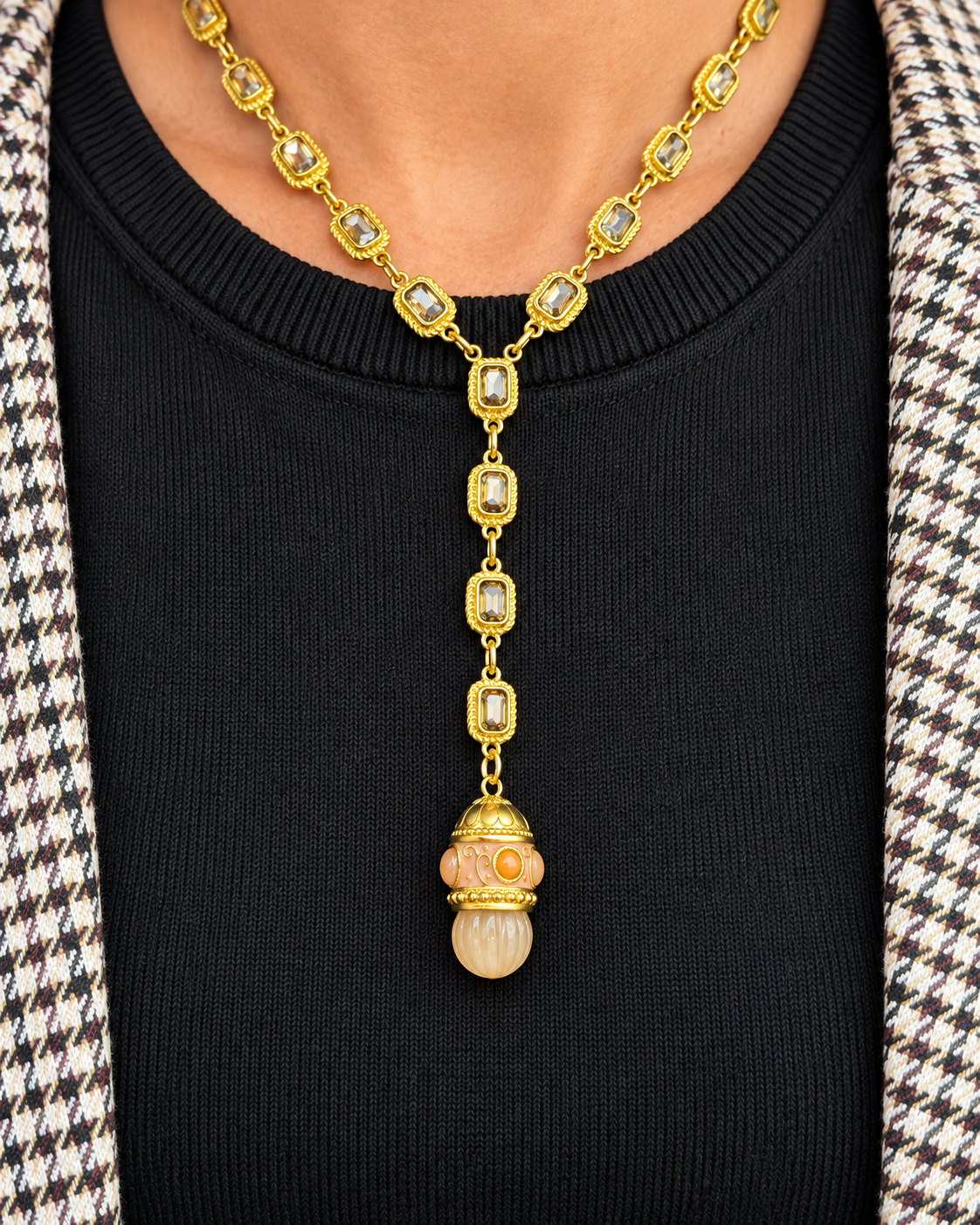 Collier Y doré avec cristaux et pendentif en pierre naturelle