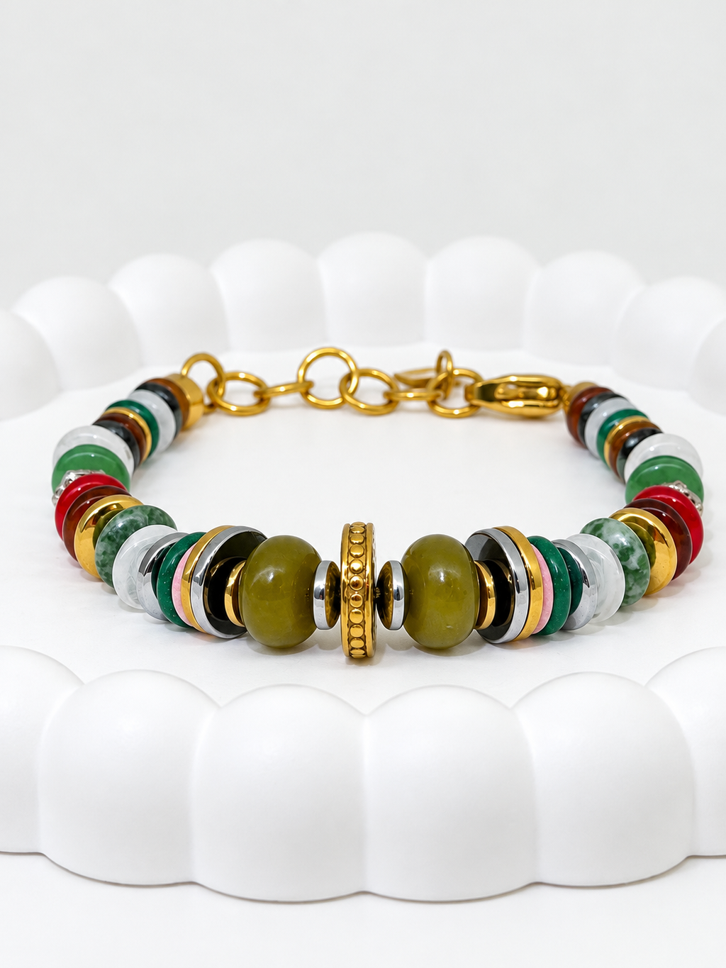 Bracelet multicolore en pierres naturelles vertes et rouges, doré et argenté