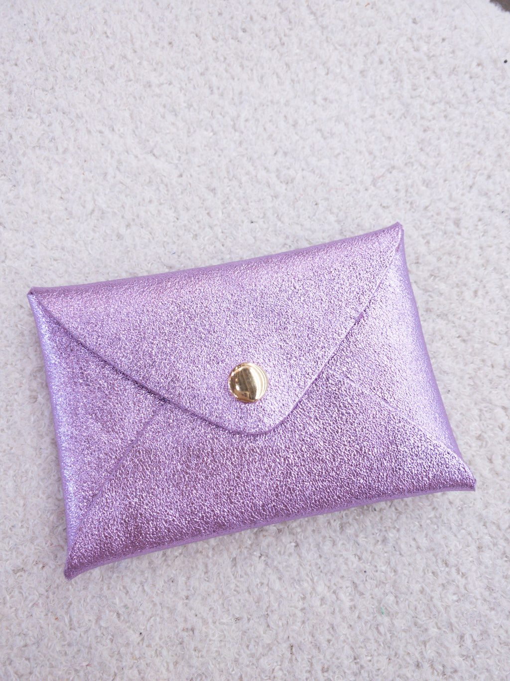 Porte-cartes en cuir de vachette rose et violet