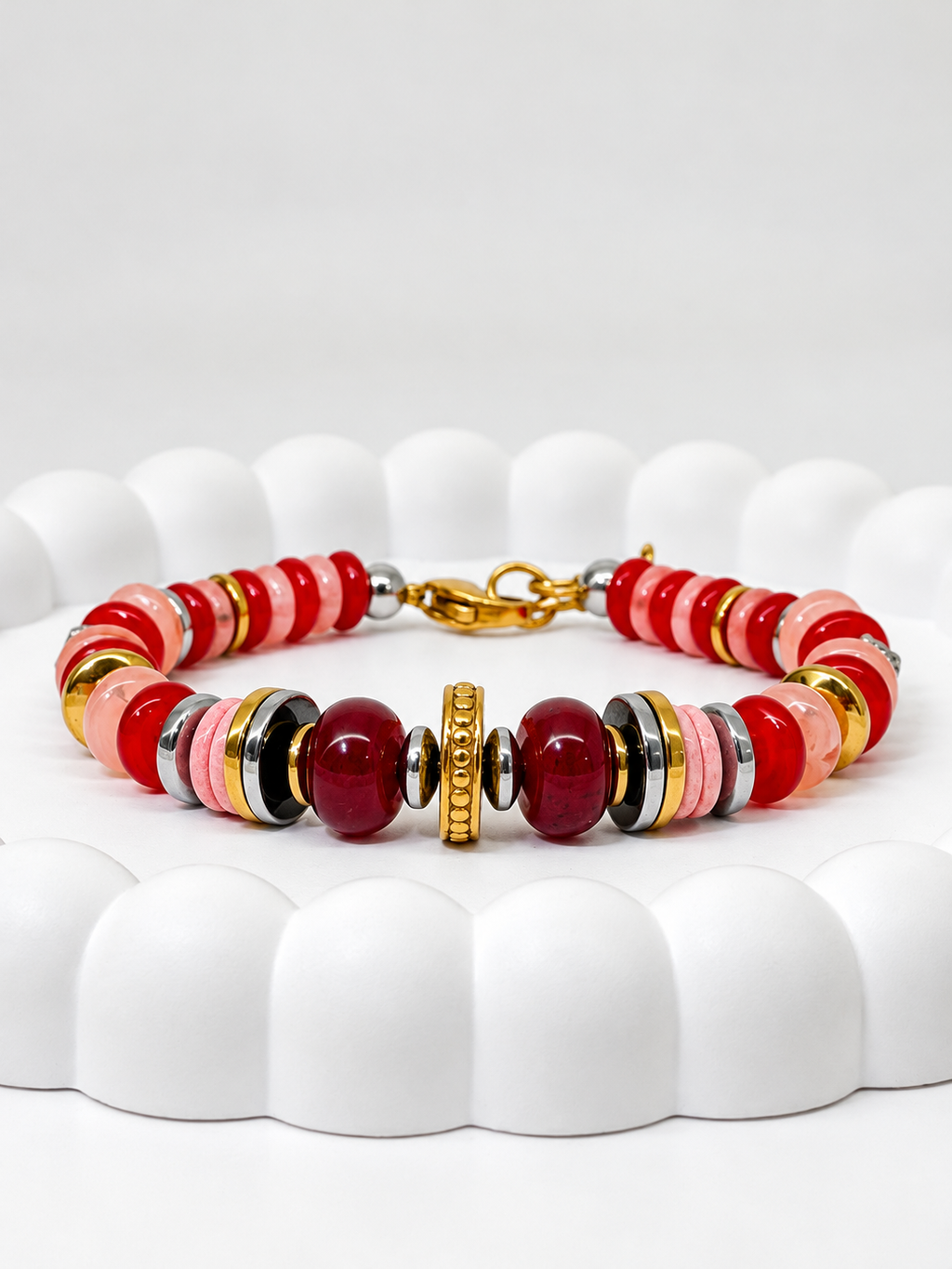 Bracelet multicolore en pierres naturelles vertes et rouges, doré et argenté