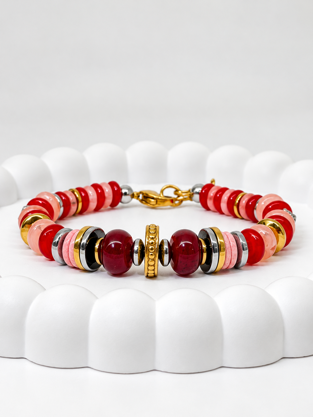 Bracelet multicolore en pierres naturelles vertes et rouges, doré et argenté