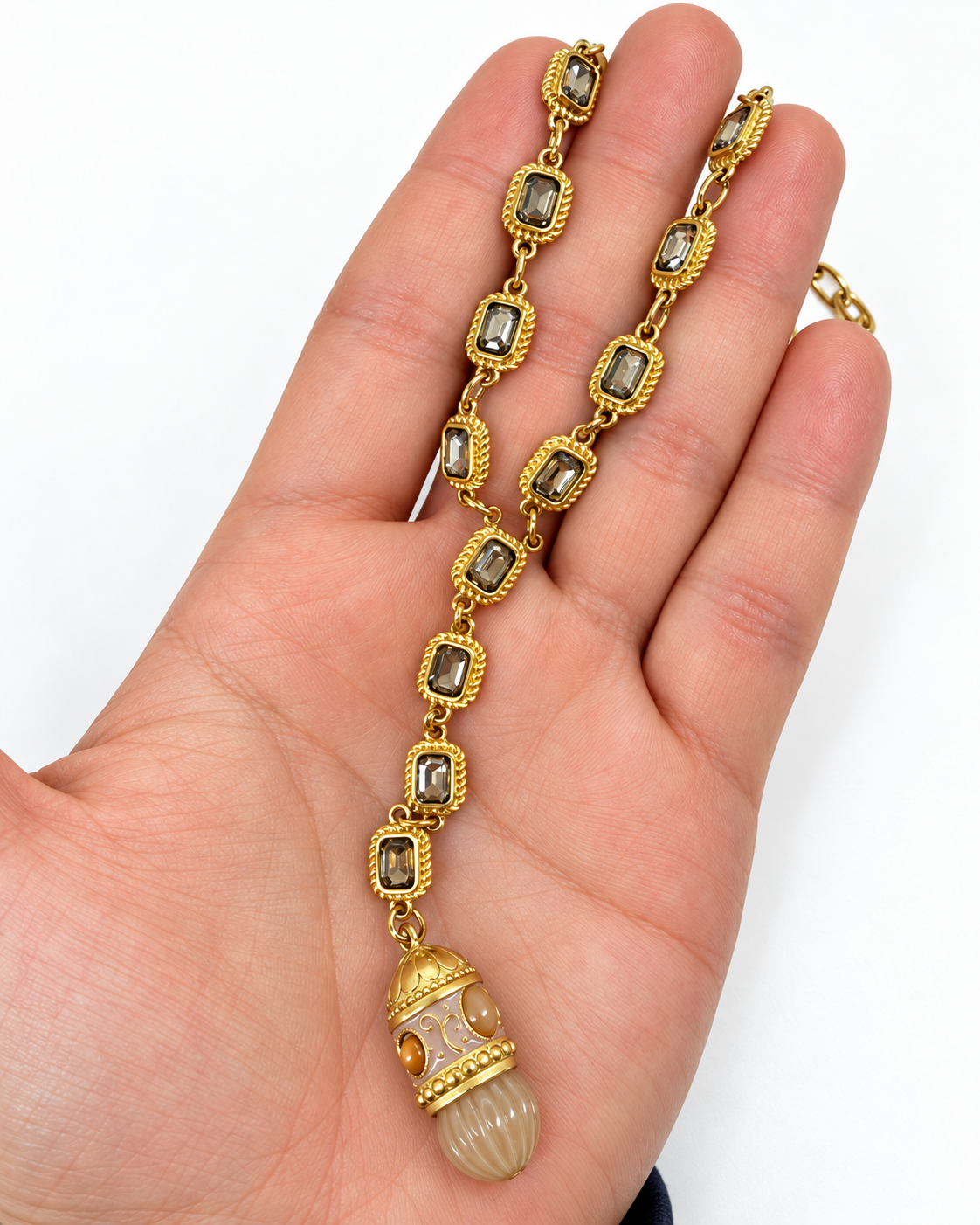 Collier Y doré avec cristaux et pendentif en pierre naturelle