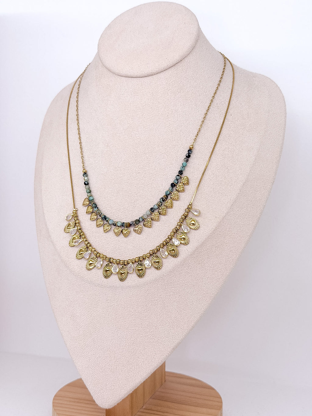 Collier double rang doré en turquoise africaine et zircons