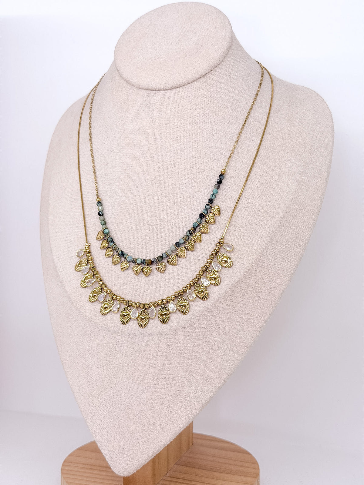 Collier double rang doré en turquoise africaine et zircons