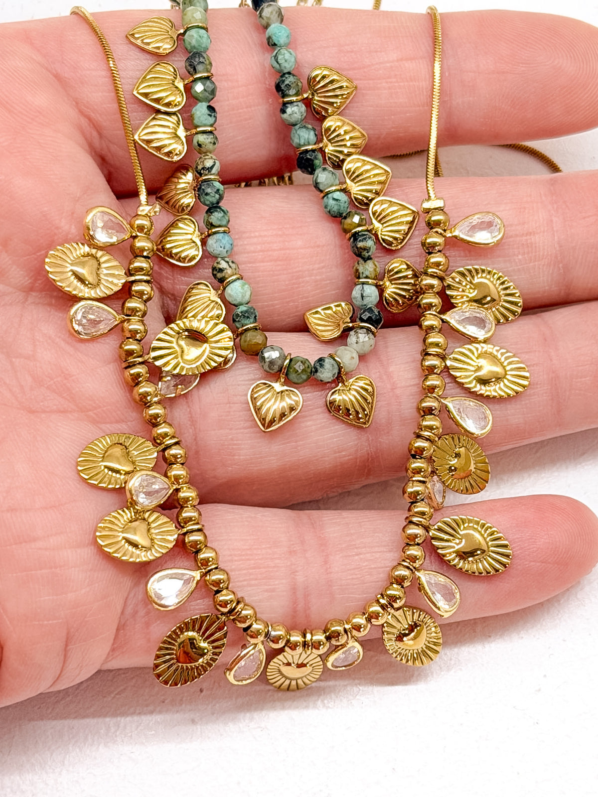 Collier double rang doré en turquoise africaine et zircons
