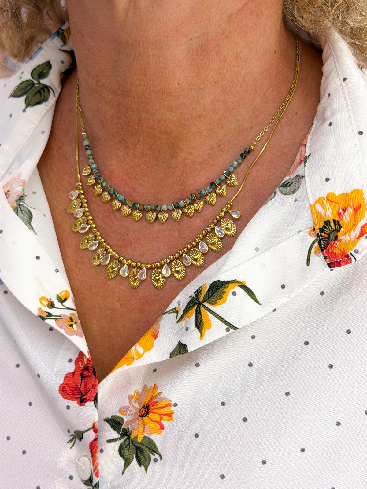 Collier double rang doré en turquoise africaine et zircons