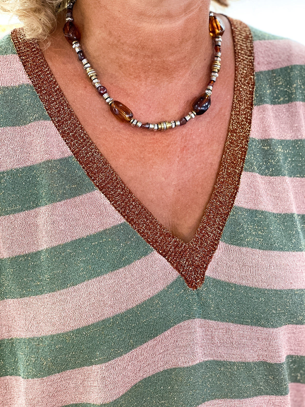 Collier femme en acier doré et argenté, acétate et pierres naturelles