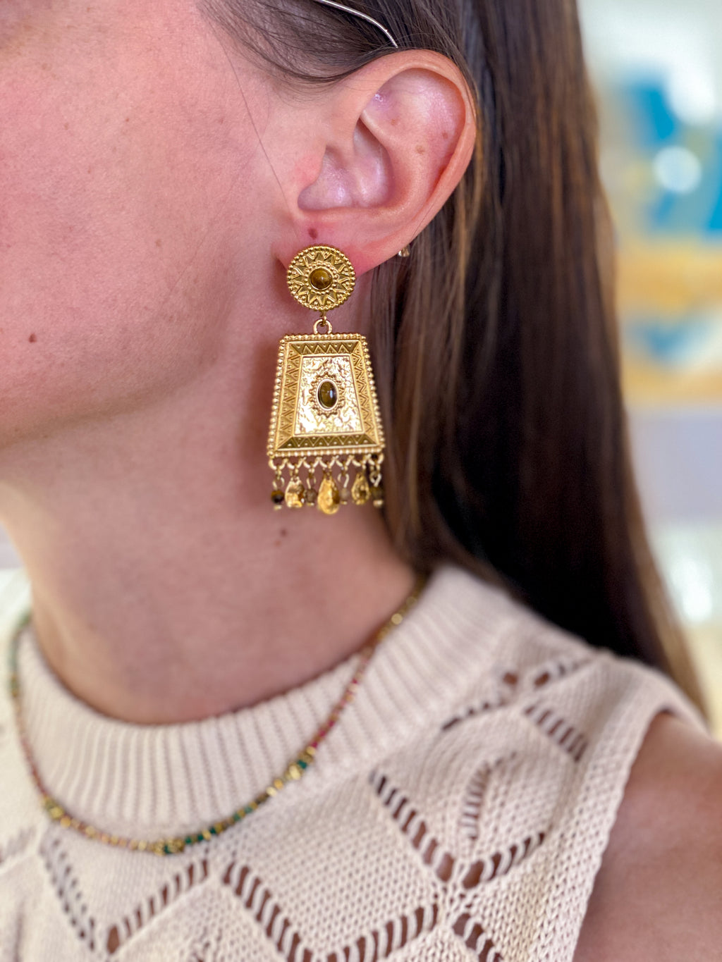 Boucles d’oreilles géométriques en acier inoxydable et pierres naturelles