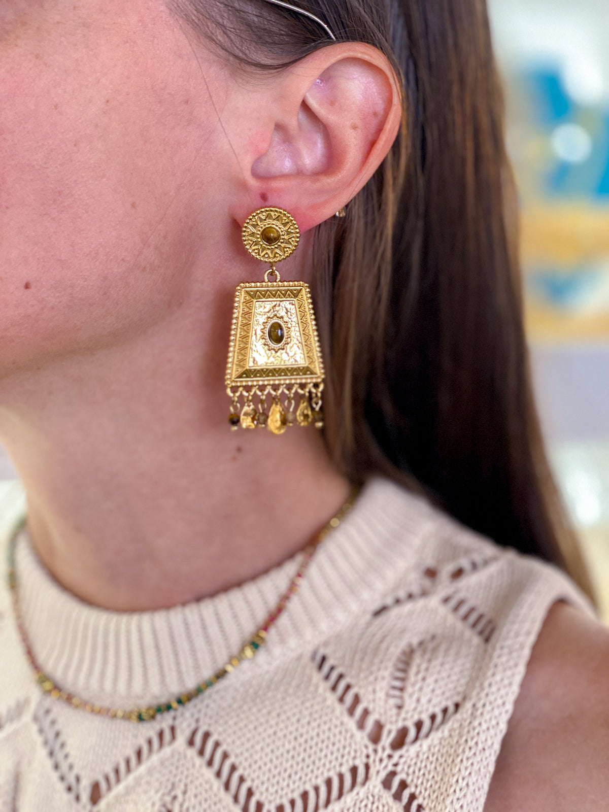 Boucles d’oreilles géométriques en acier inoxydable et pierres naturelles