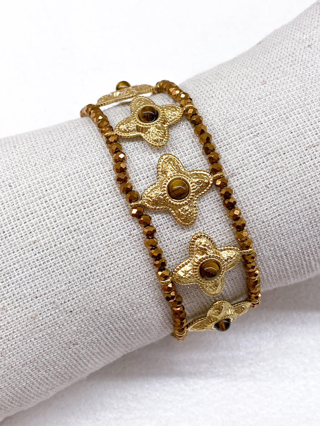 Bracelet manchette trèfles en pierres naturelles et acier doré