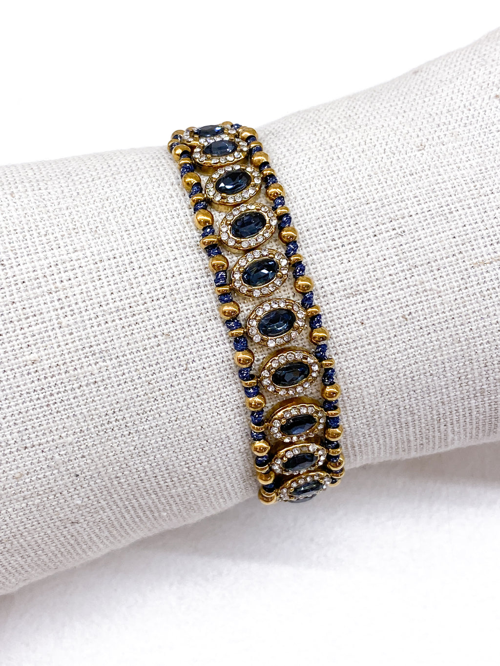 Bracelet manchette tressé bleu avec zircons et acier inoxydable