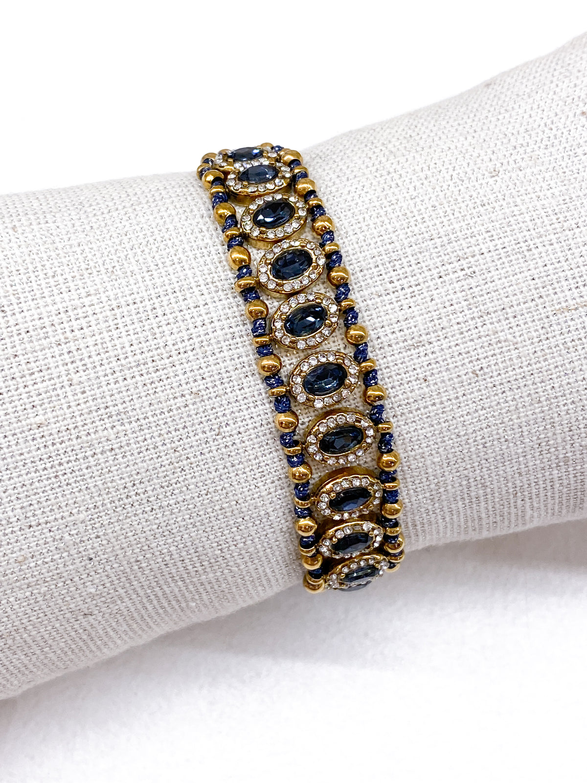 Bracelet manchette tressé bleu avec zircons et acier inoxydable