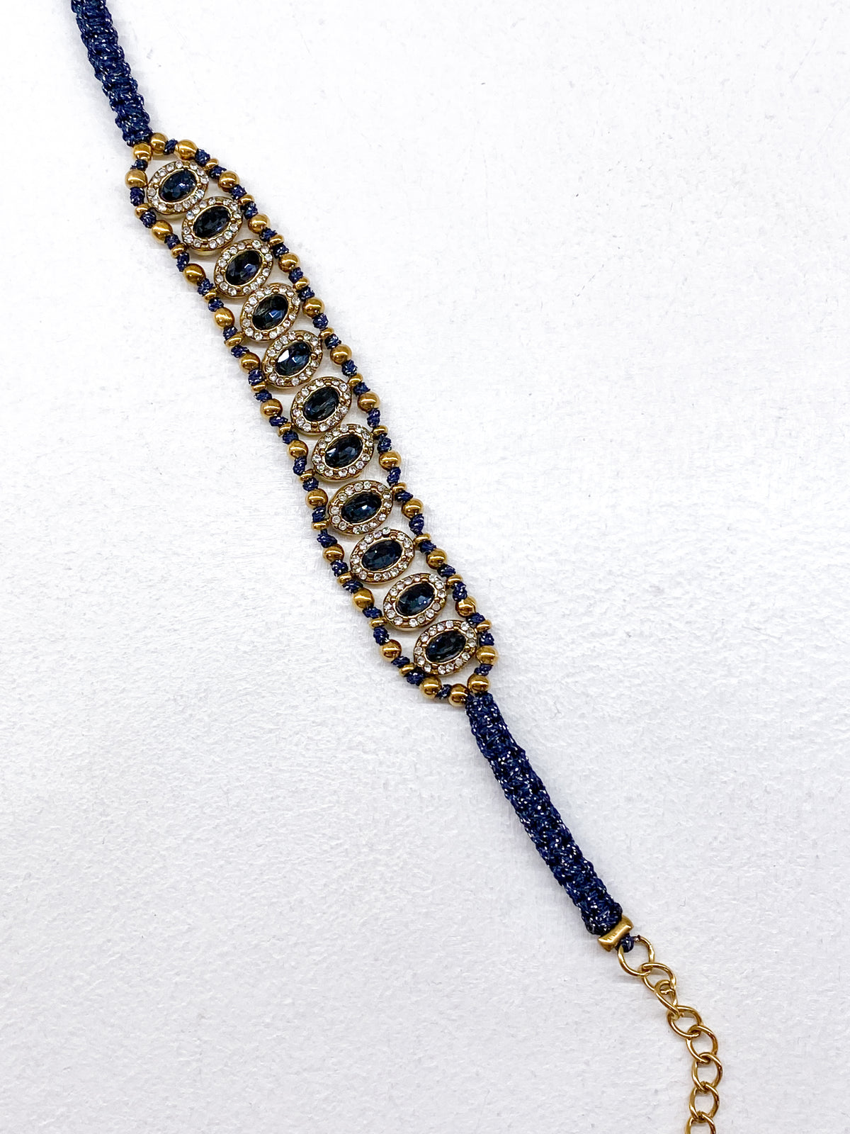 Bracelet manchette tressé bleu avec zircons et acier inoxydable
