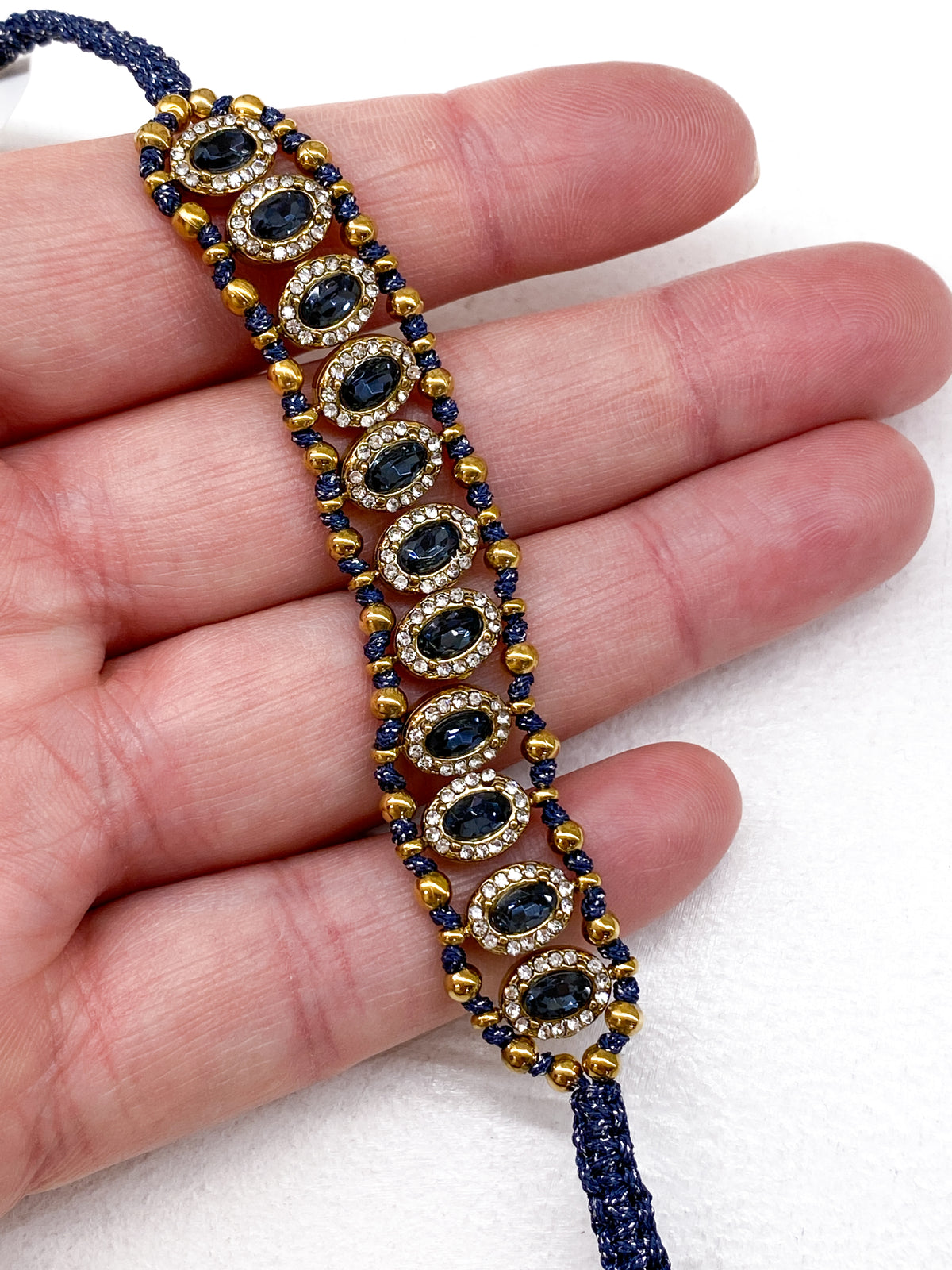 Bracelet manchette tressé bleu avec zircons et acier inoxydable
