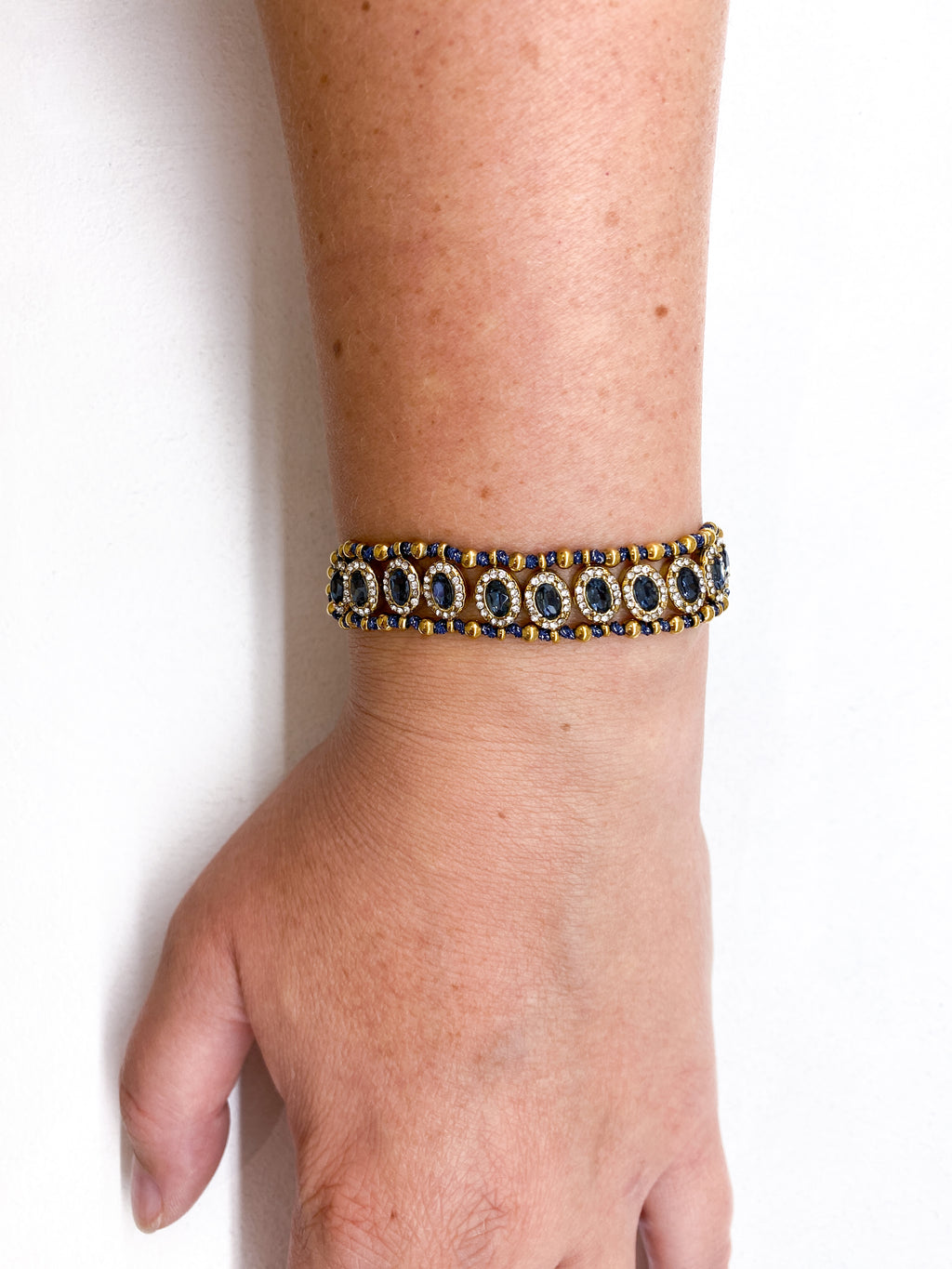 Bracelet manchette tressé bleu avec zircons et acier inoxydable