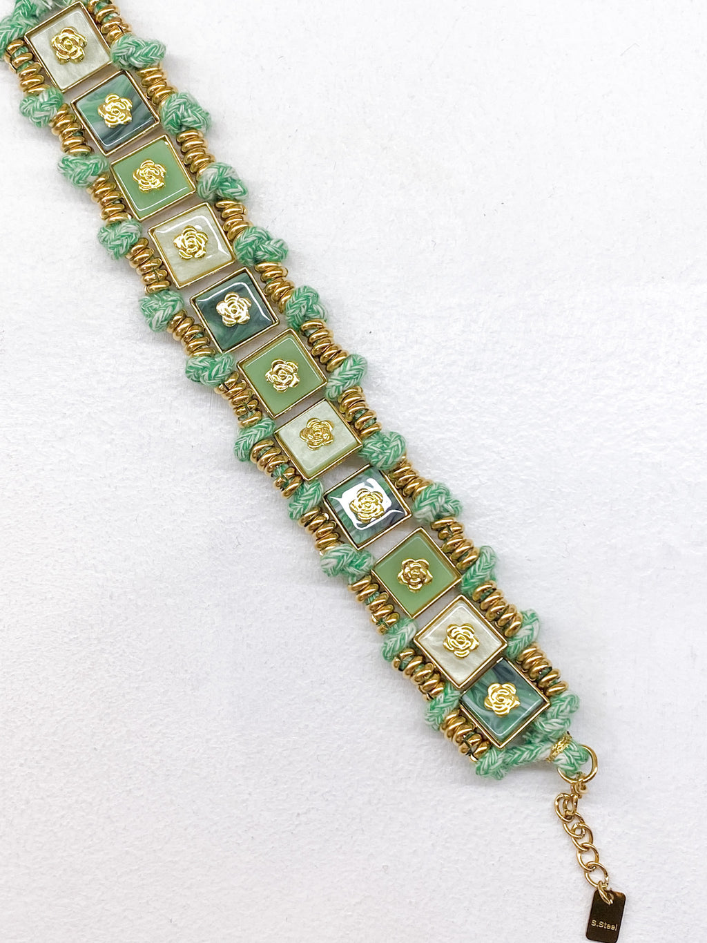 Bracelet manchette femme vert en acétate et cordon tressé