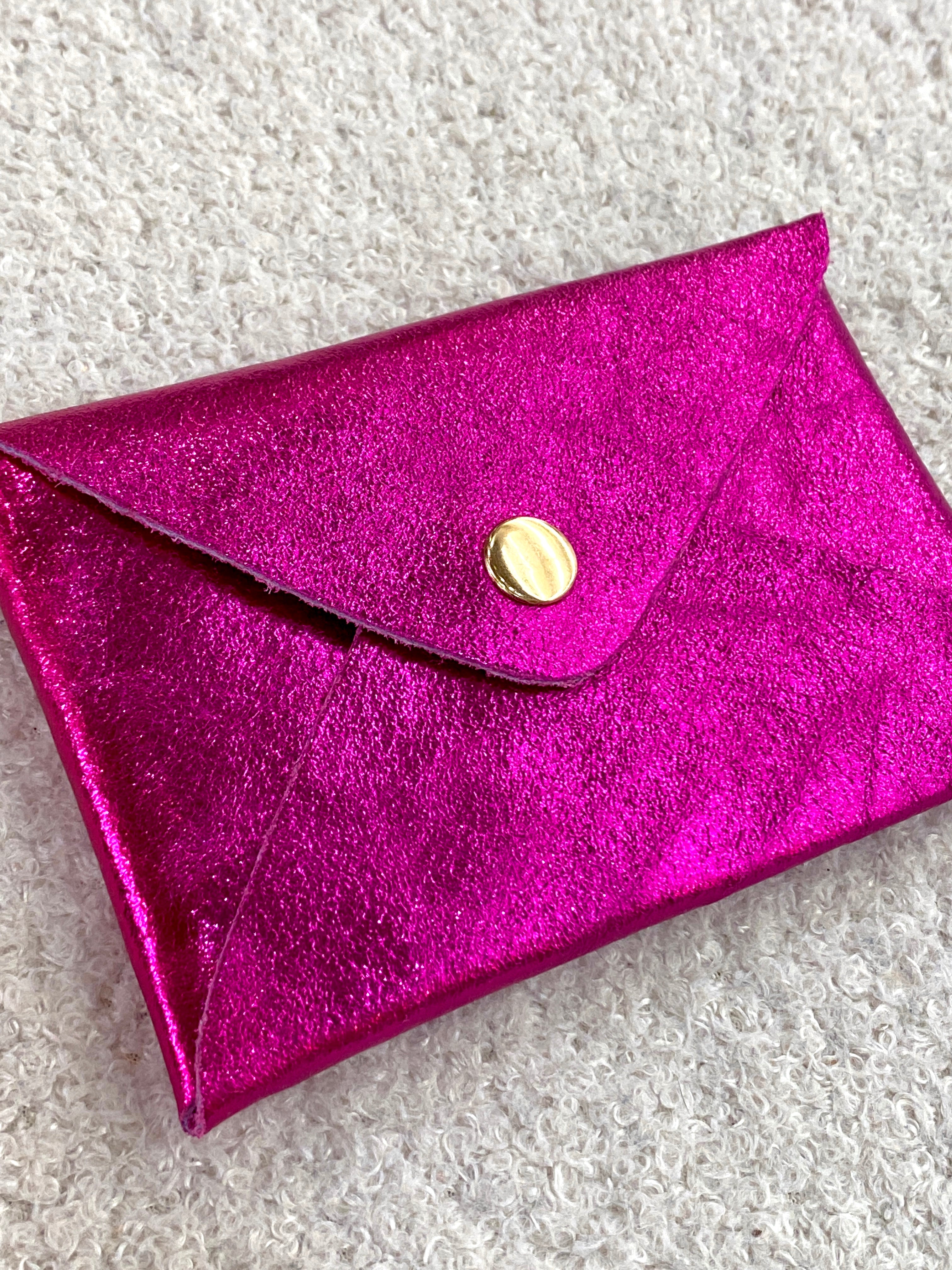 Porte-cartes en cuir de vachette rose et violet