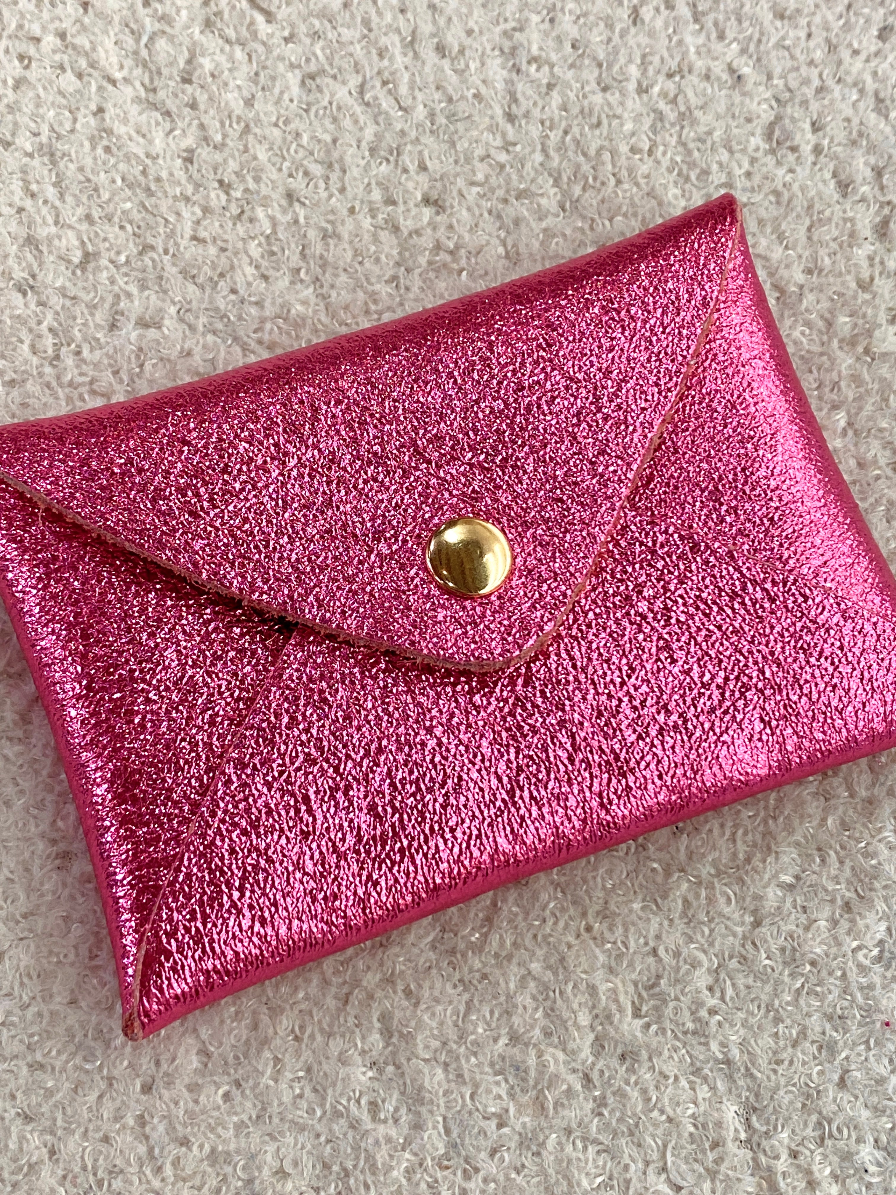 Porte-cartes en cuir de vachette rose et violet
