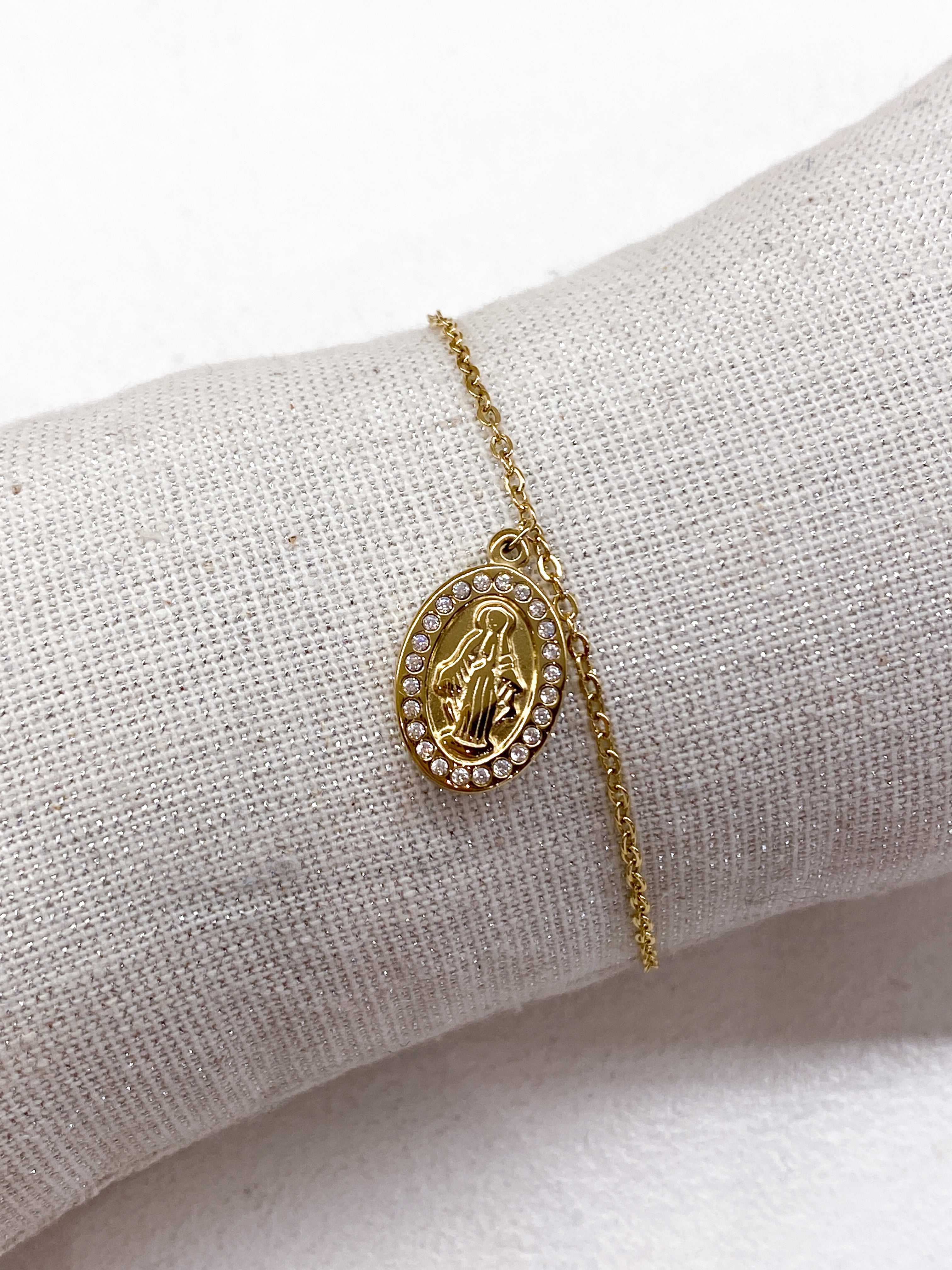 Bracelet fin médaille Vierge avec strass