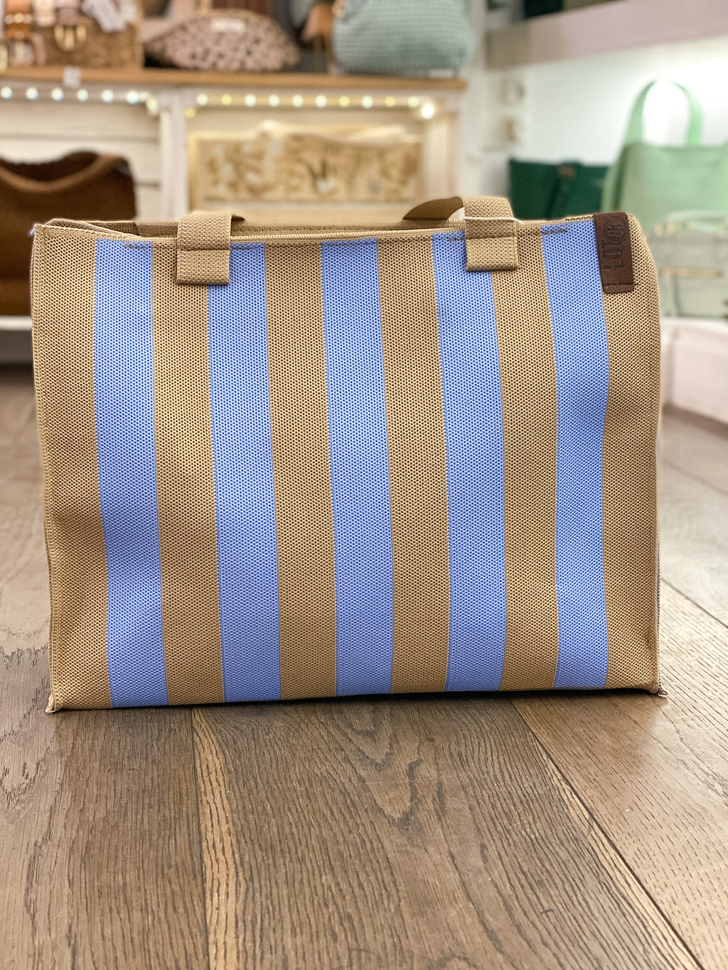 Sac cabas en tissu tressé rayé bicolore