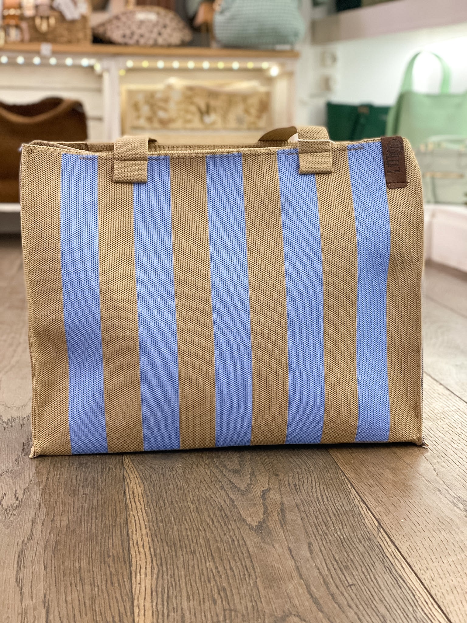 Sac cabas en tissu tressé rayé bicolore