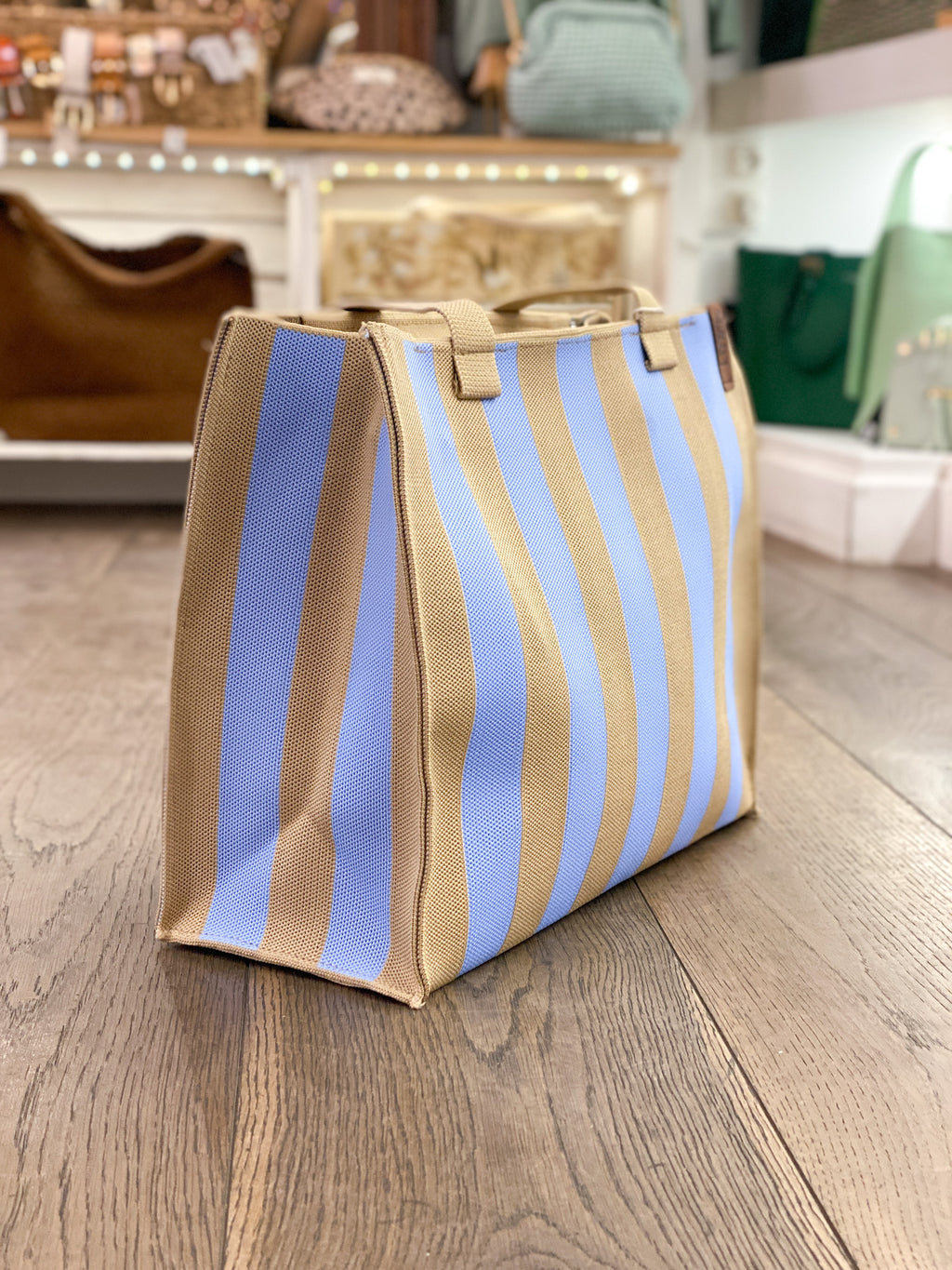 Sac cabas en tissu tressé rayé bicolore