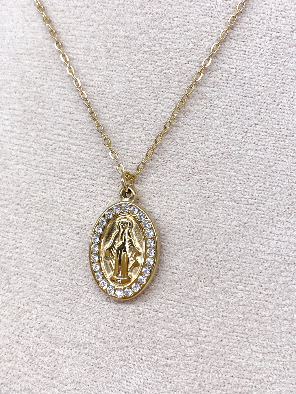 Collier fin en acier inoxydable médaille Vierge avec strass