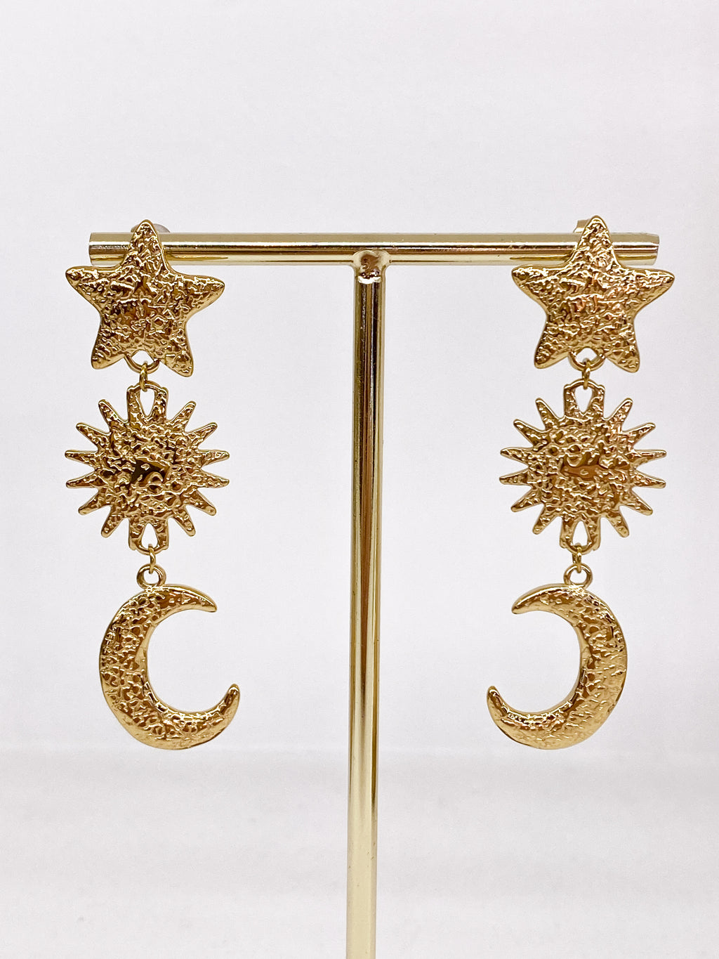 Boucles d’oreilles longues étoile soleil lune martelées
