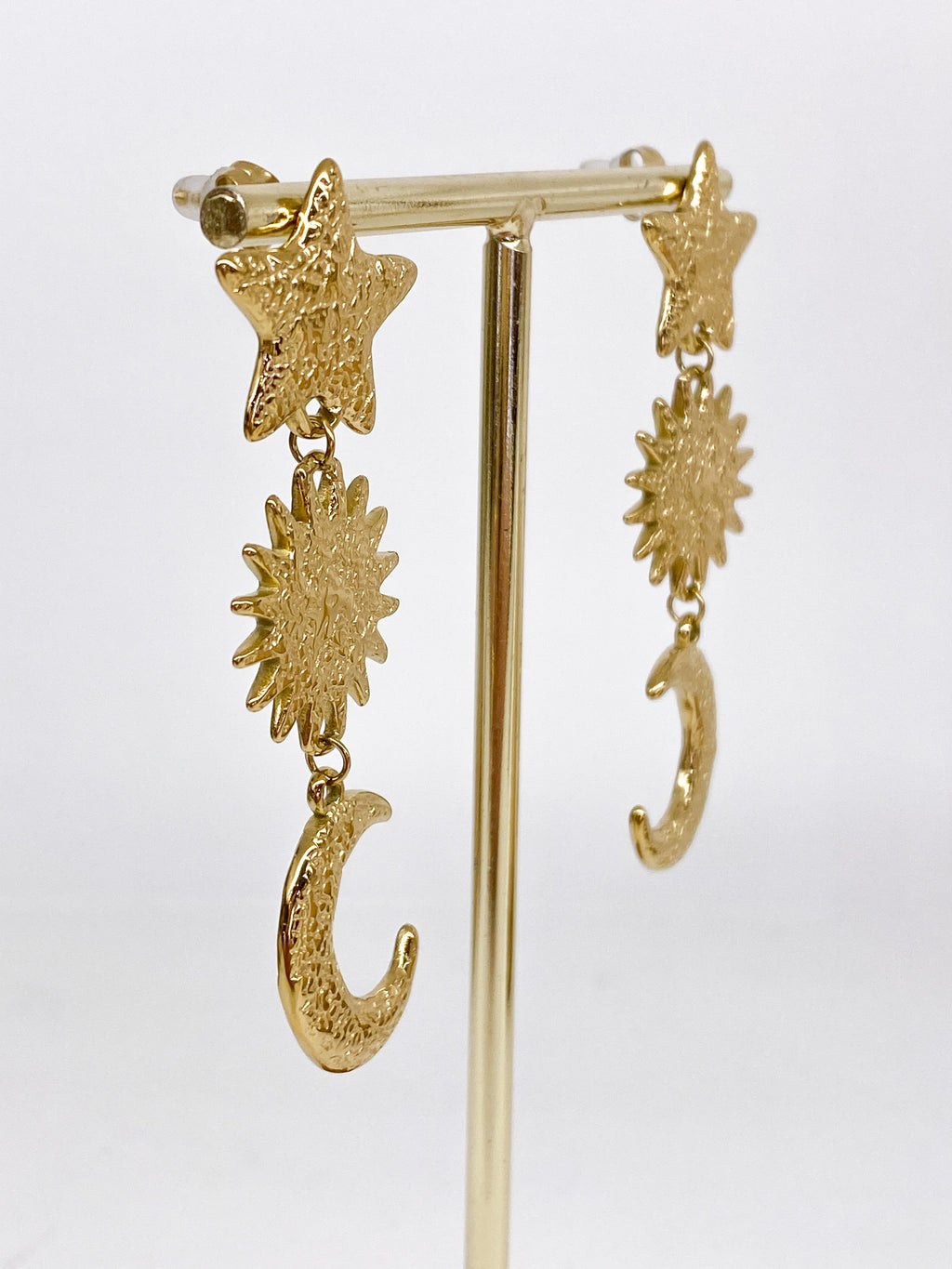 Boucles d’oreilles longues étoile soleil lune martelées