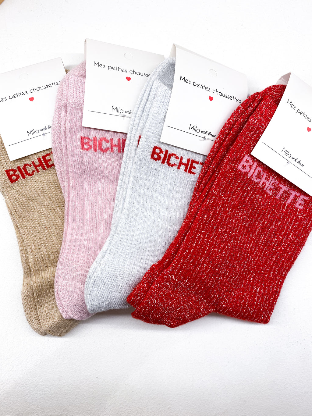 Chaussettes côtelées message à paillettes «Bichette»