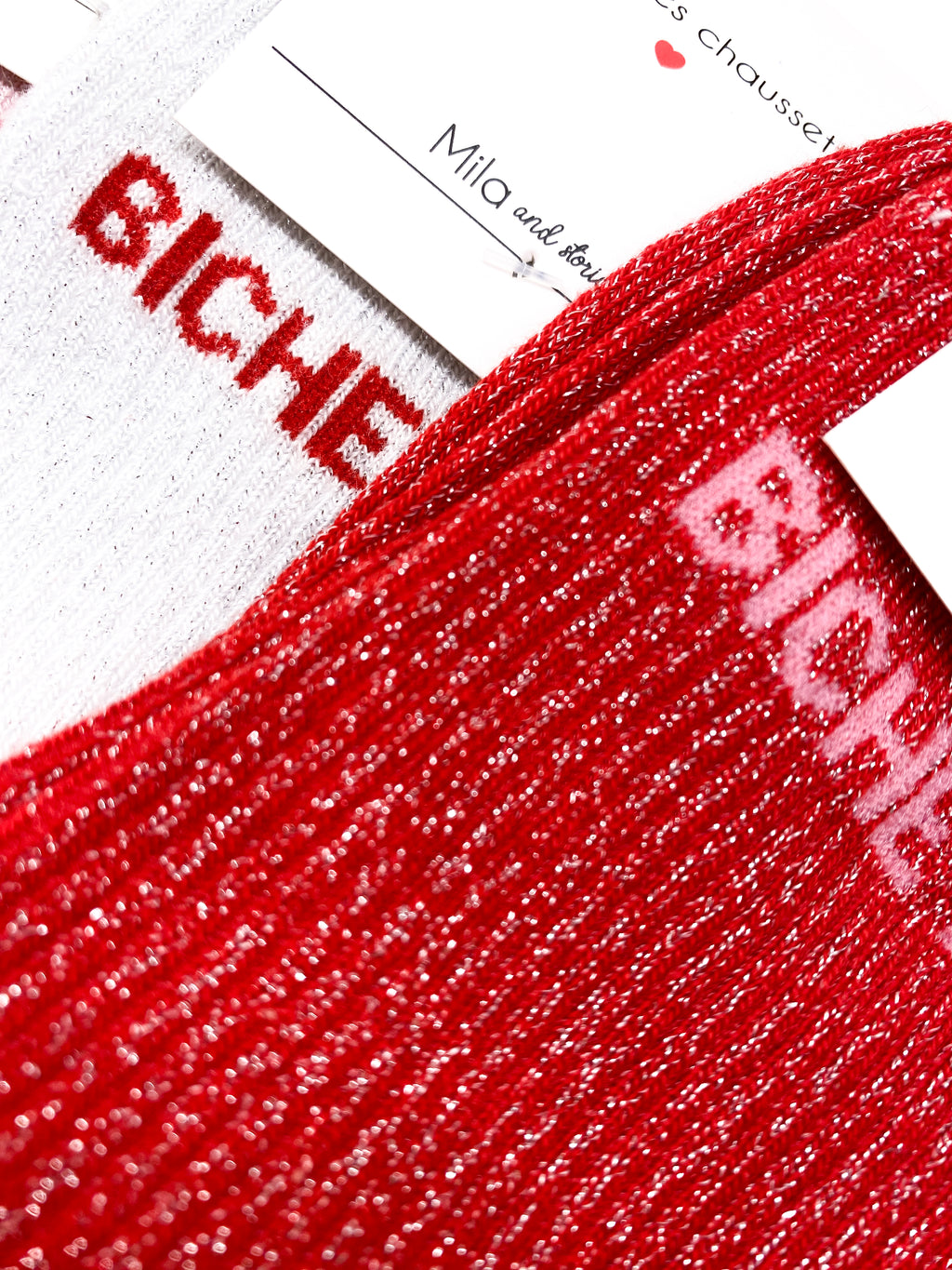 Chaussettes côtelées message à paillettes «Bichette»