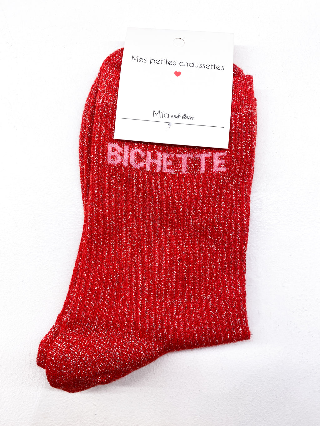 Chaussettes côtelées message à paillettes «Bichette»