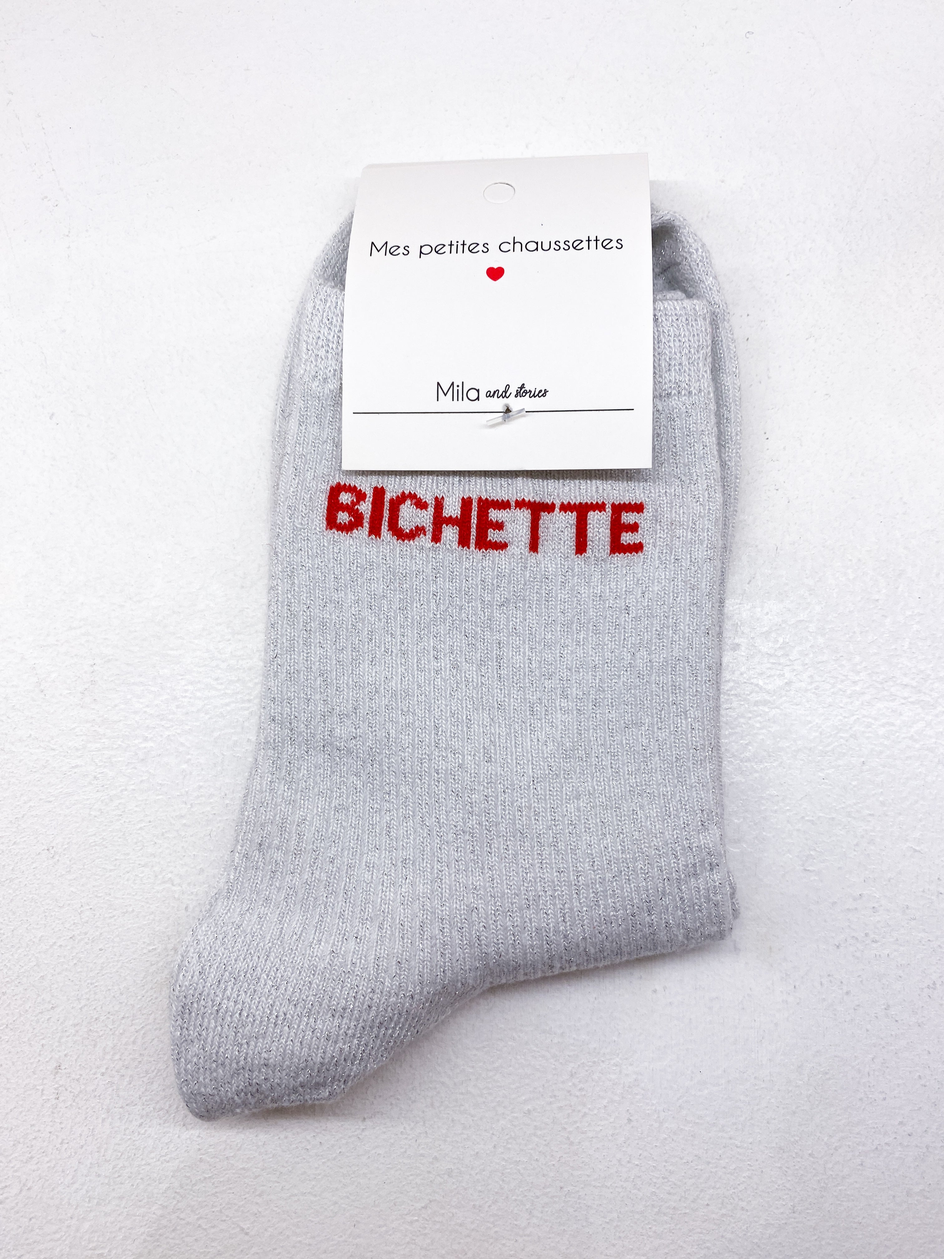 Chaussettes côtelées message à paillettes «Bichette»