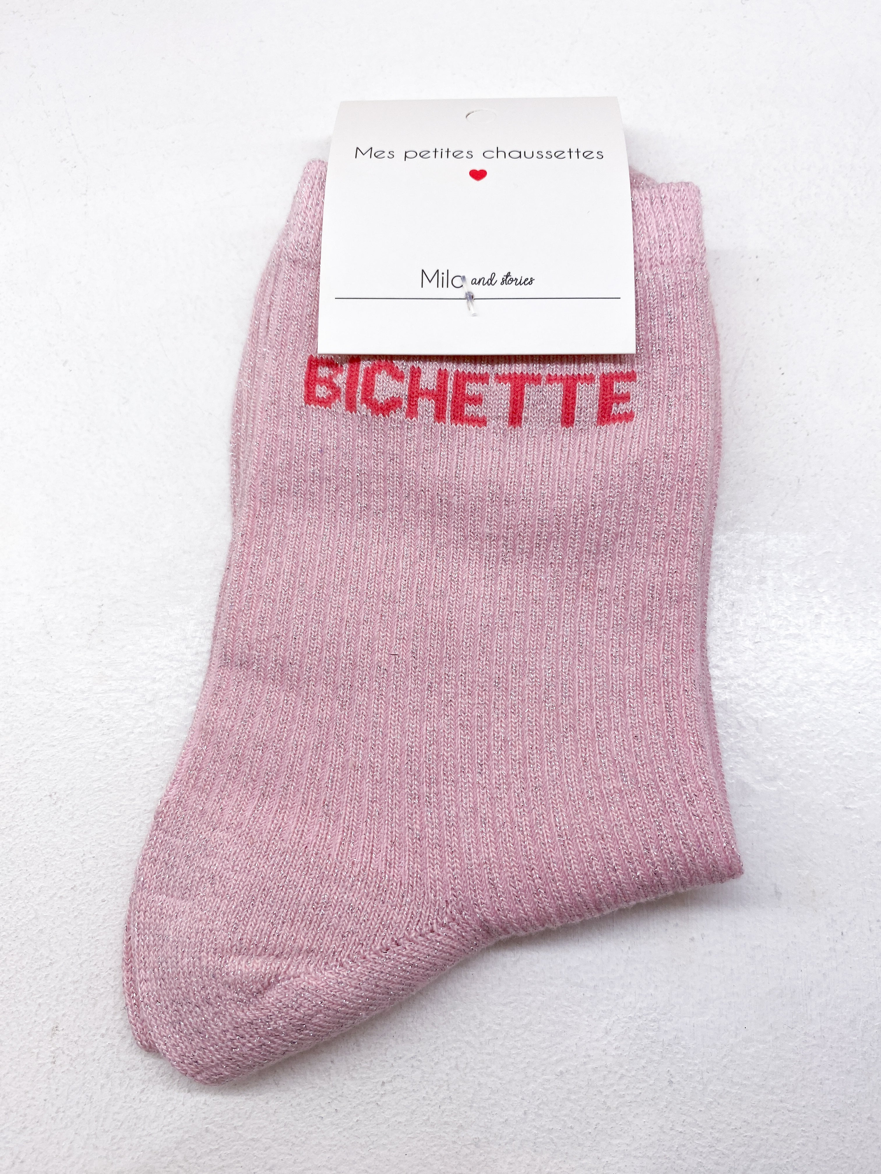 Chaussettes côtelées message à paillettes «Bichette»