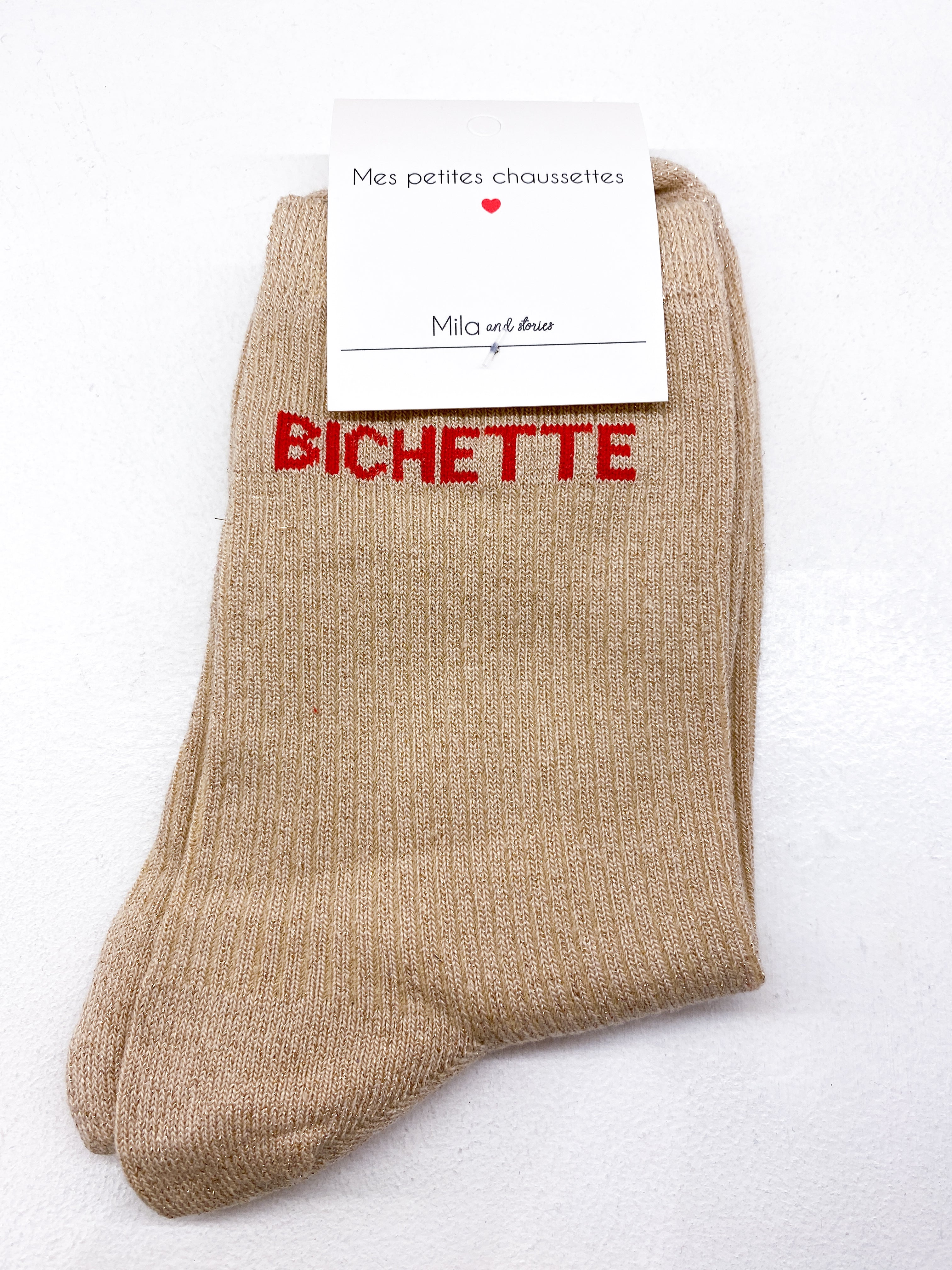 Chaussettes côtelées message à paillettes «Bichette»