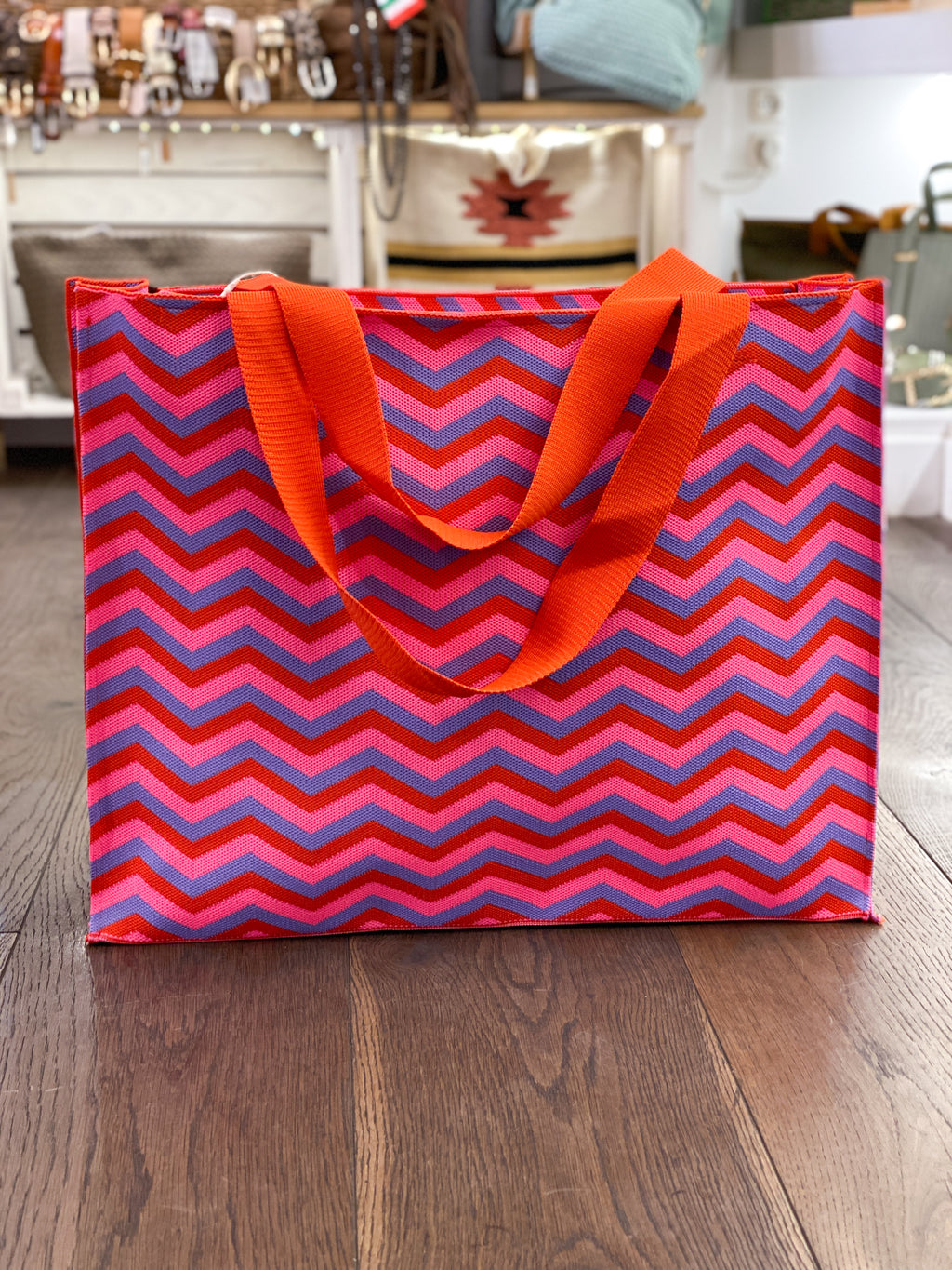 Sac cabas tressé motif zigzag multicolore