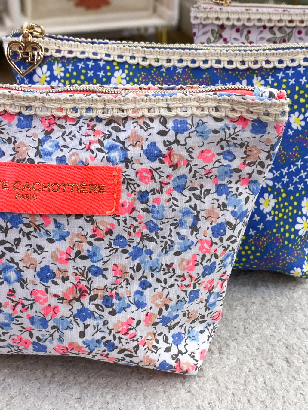 Pochette en coton zippée fleurie avec dentelle