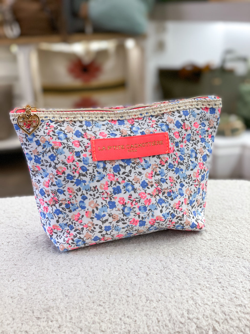 Pochette en coton zippée fleurie avec dentelle