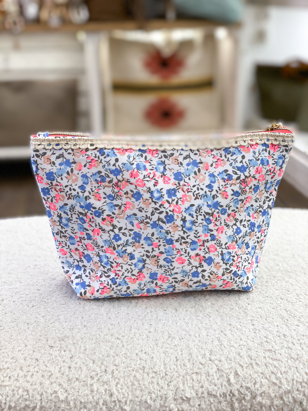 Pochette en coton zippée fleurie avec dentelle