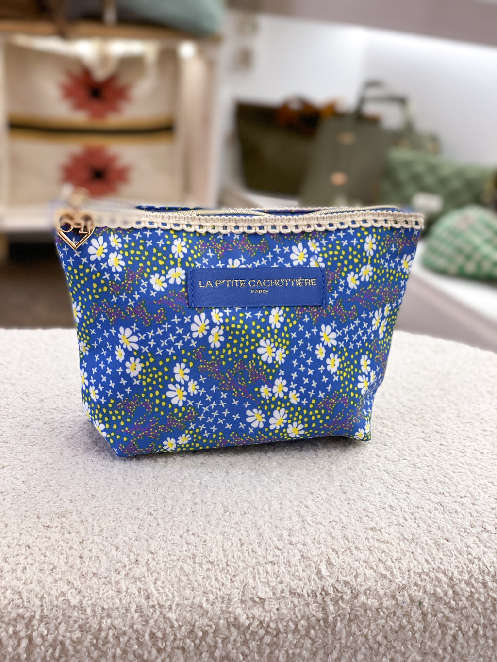 Pochette en coton zippée fleurie avec dentelle