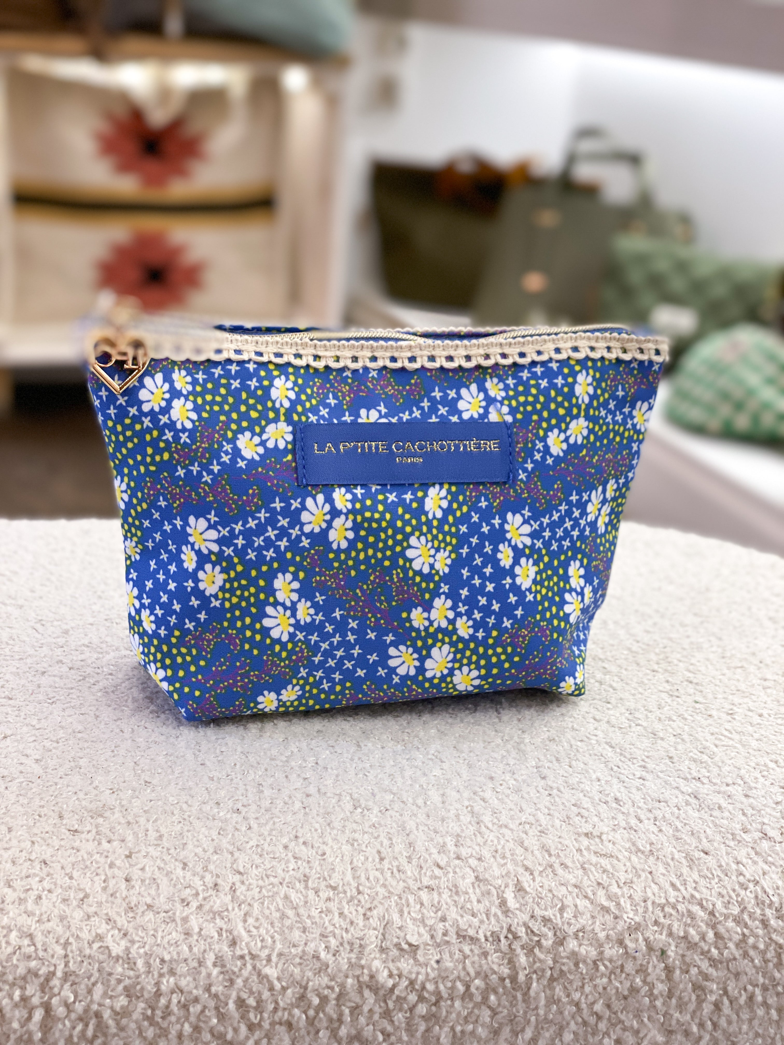 Pochette en coton zippée fleurie avec dentelle