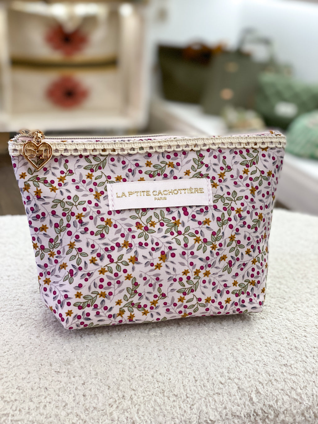 Pochette en coton zippée fleurie avec dentelle