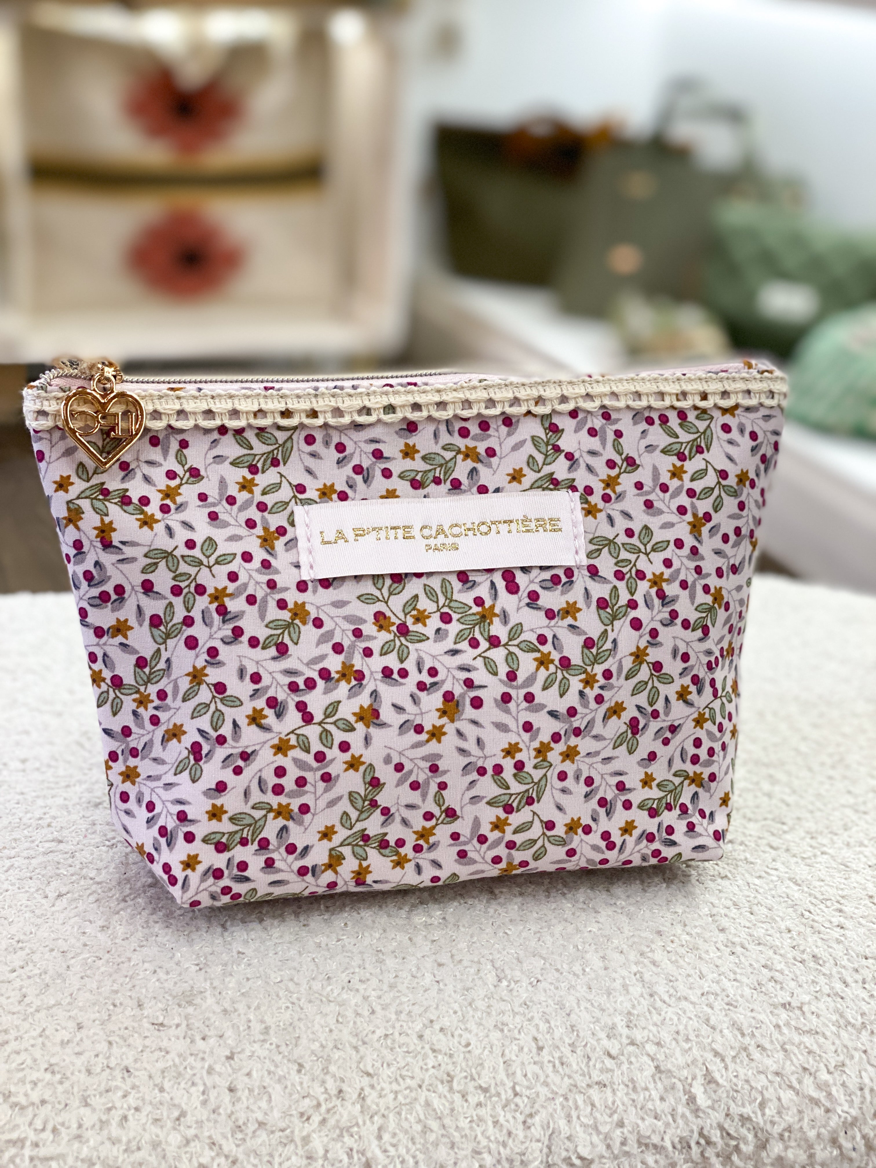 Pochette en coton zippée fleurie avec dentelle