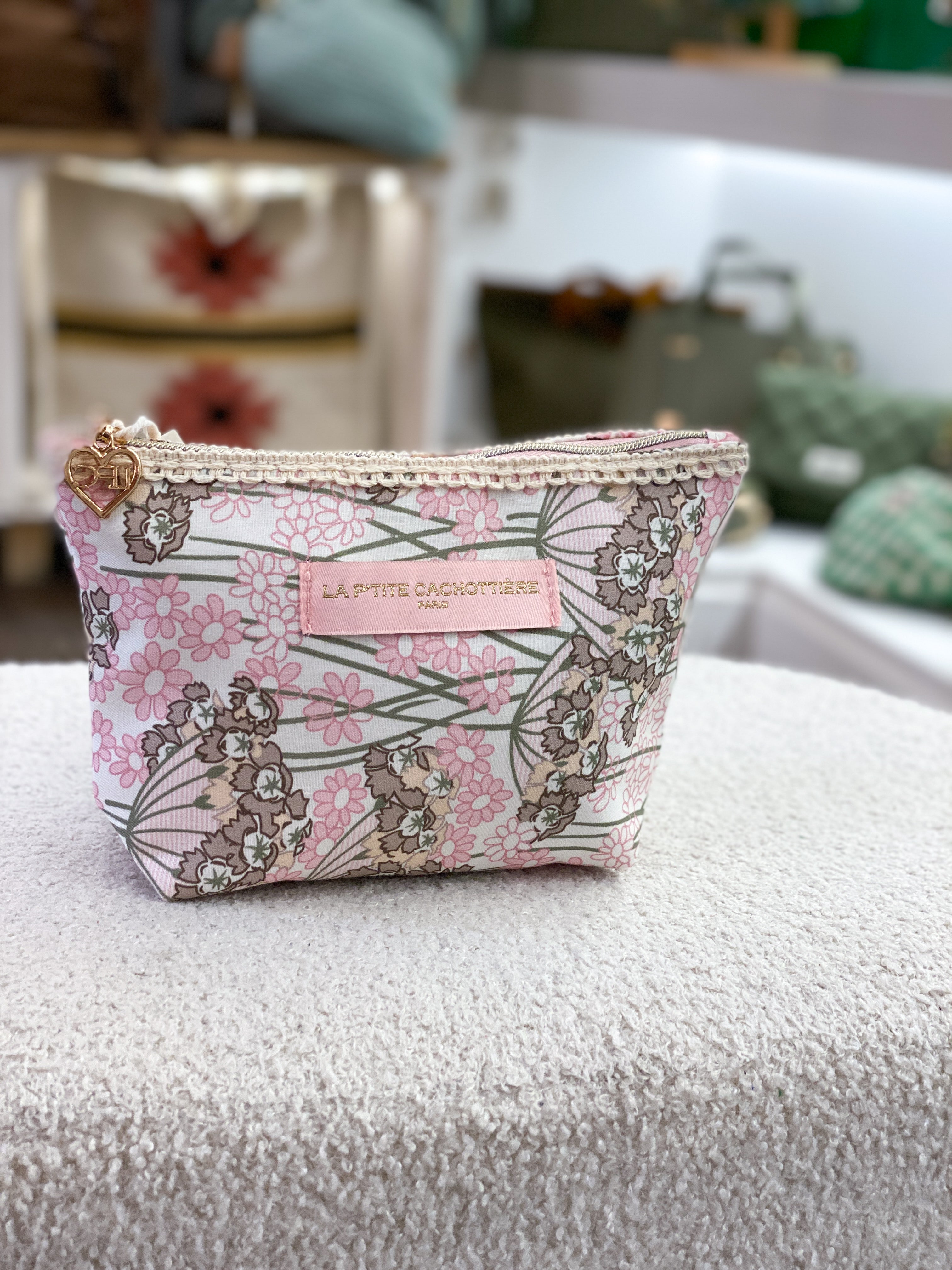 Pochette en coton zippée fleurie avec dentelle