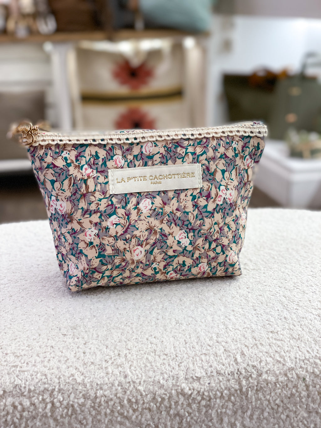 Pochette en coton zippée fleurie avec dentelle