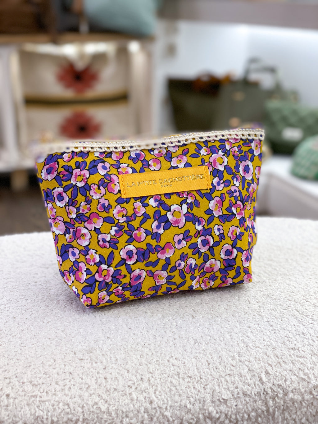 Pochette en coton zippée fleurie avec dentelle